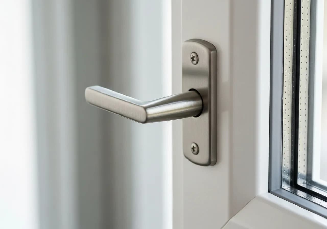 Edelstahlgriff und Beschlag an einem weißen Fensterflügel