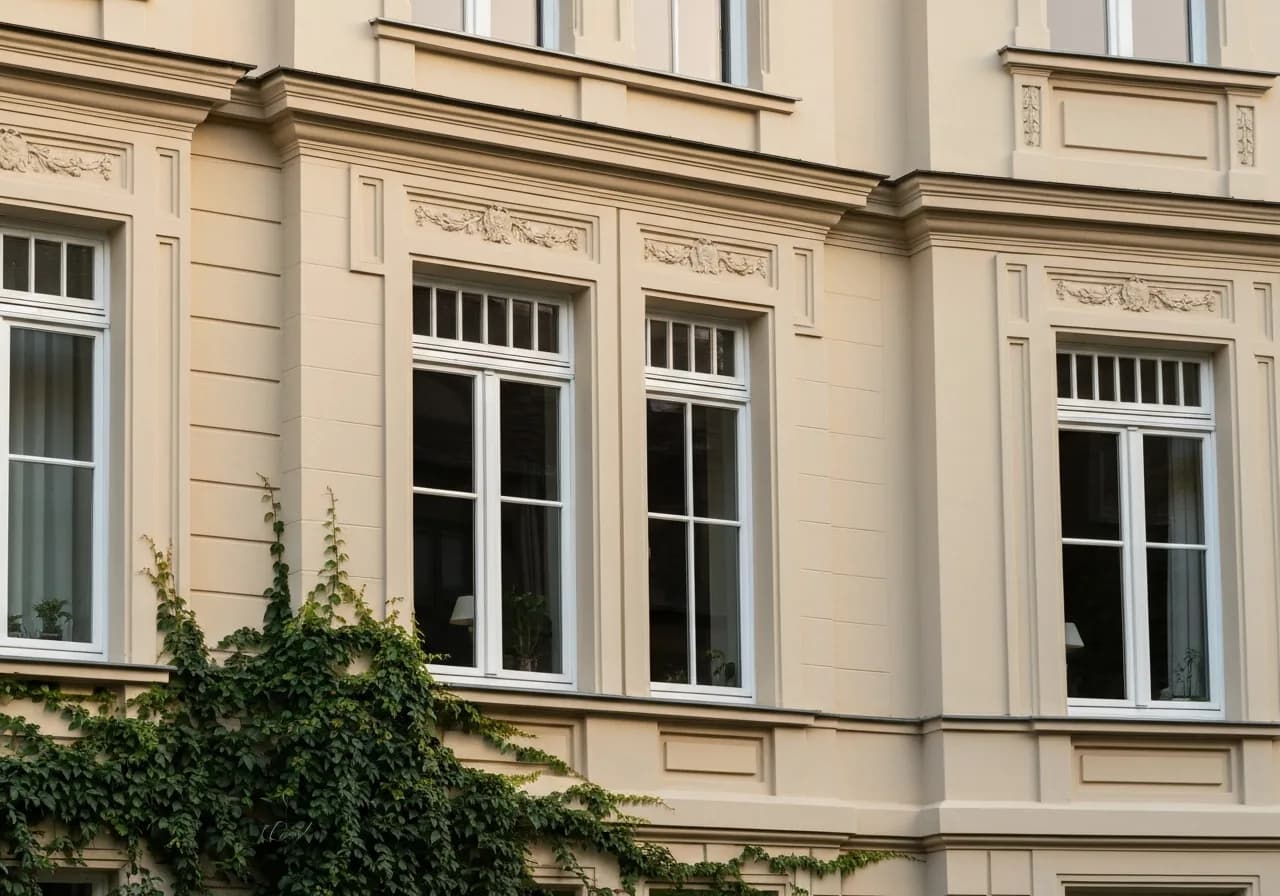 Sanierte Altbaufassade mit neuen Sprossenfenstern