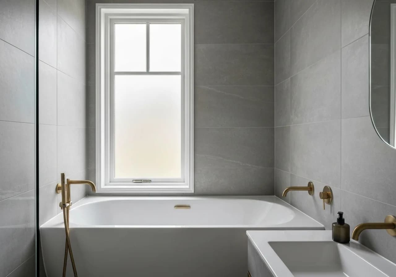 Badezimmer mit schmalem Fenster mit Milchglas