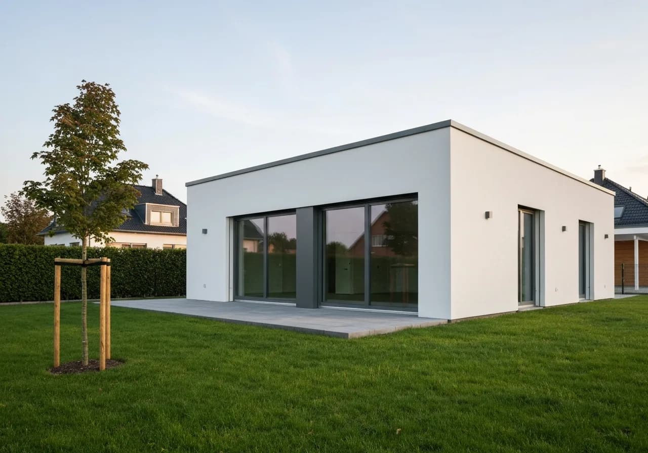 Modernes Einfamilienhaus mit großen anthrazitfarbenen Fensterelementen