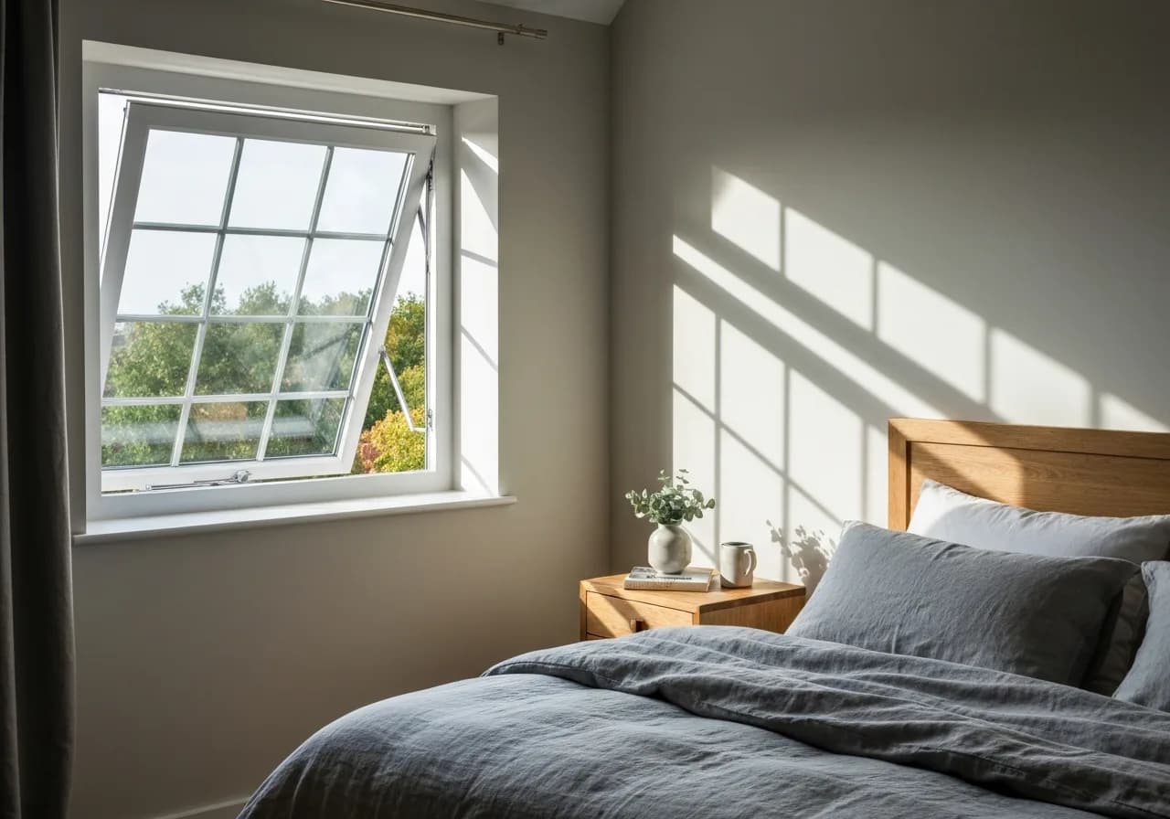 Schlafzimmer mit weißem Dreh-Kipp-Fenster